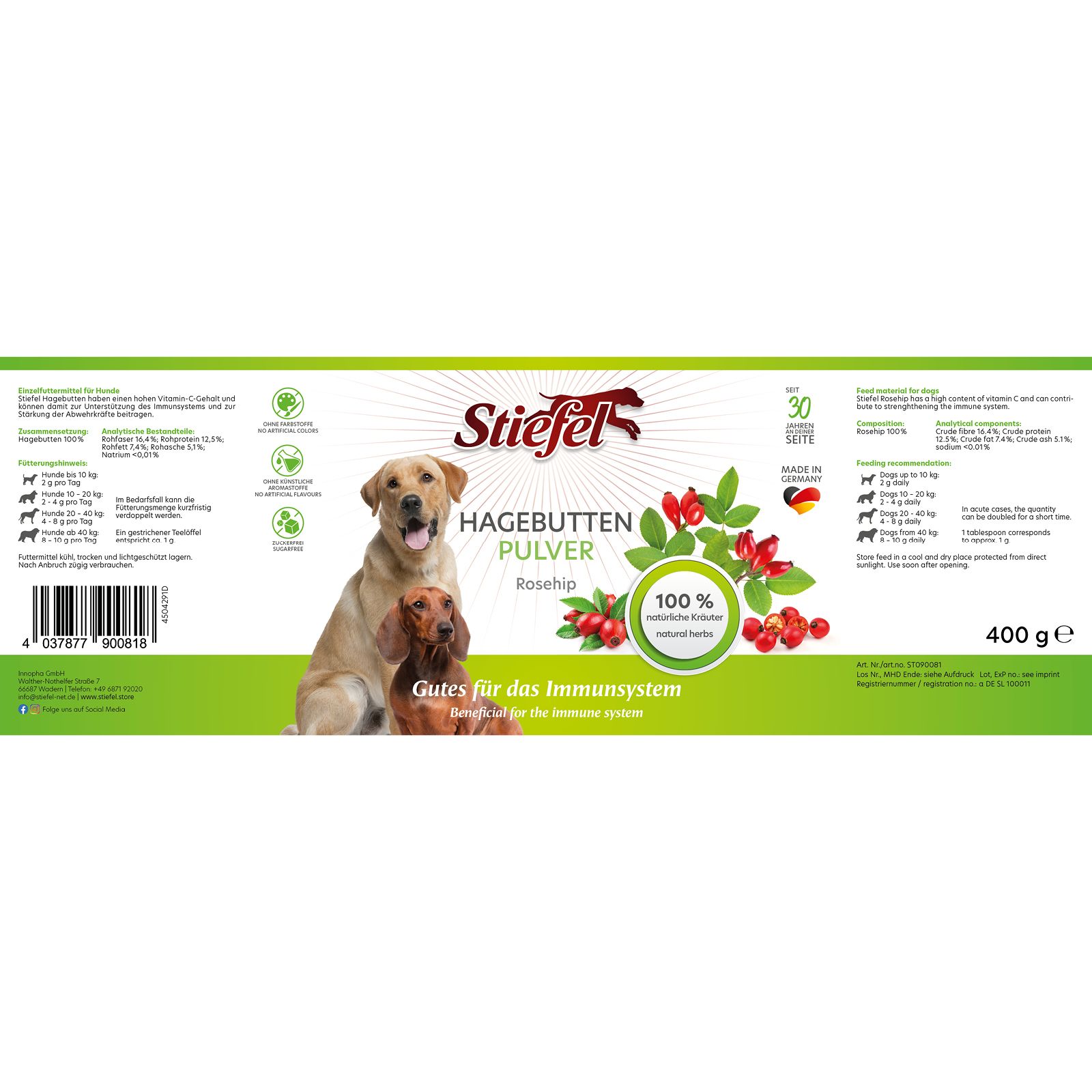 Etikett mit Produktinformationen. Stiefel Hagebutten Pulver, 400g. Abbildung von Hunden und Hagebutten. Text: Gutes für das Immunsystem.