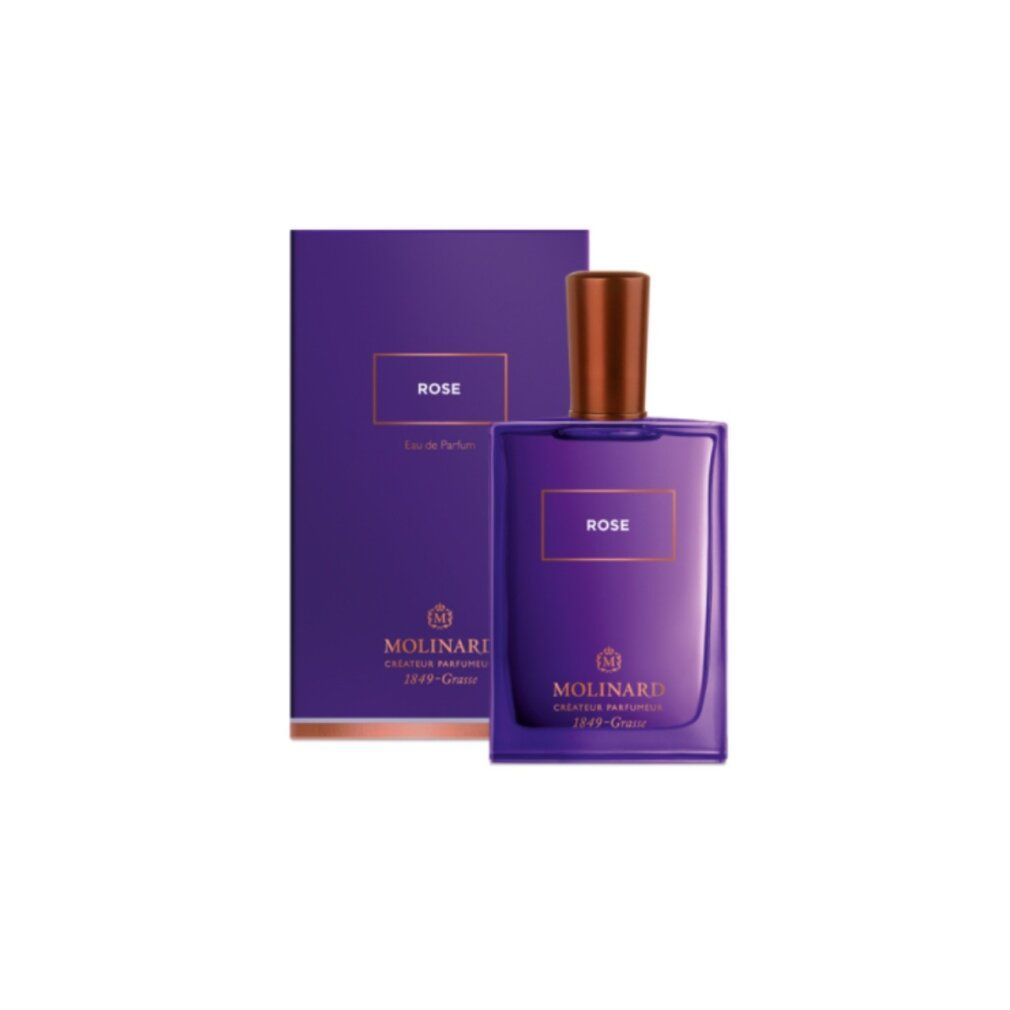 Violette Flasche und Verpackung. Aufschrift ROSE, Eau de Parfum und MOLINARD. Bronzefarbener Verschluss.