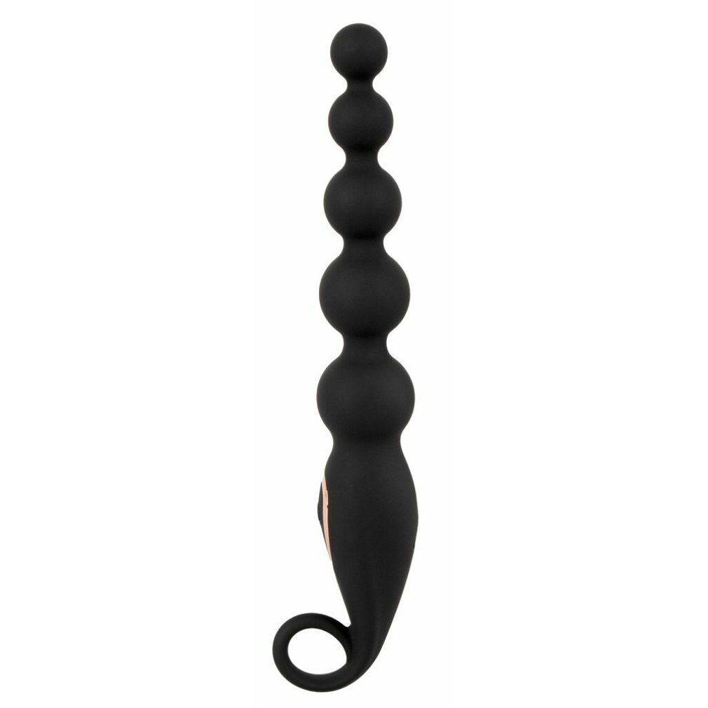 Schwarze Analperlen mit Vibration. Goldfarbener Knopf. Ring am Ende. Mehrere Kugeln.