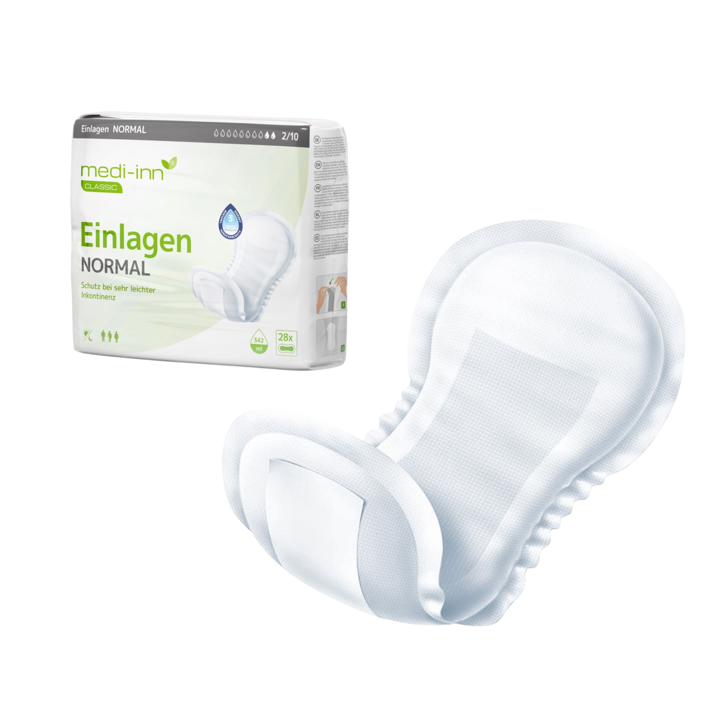 Inkontinenzeinlage und Verpackung. Verpackung mit Produktabbildung und Text.