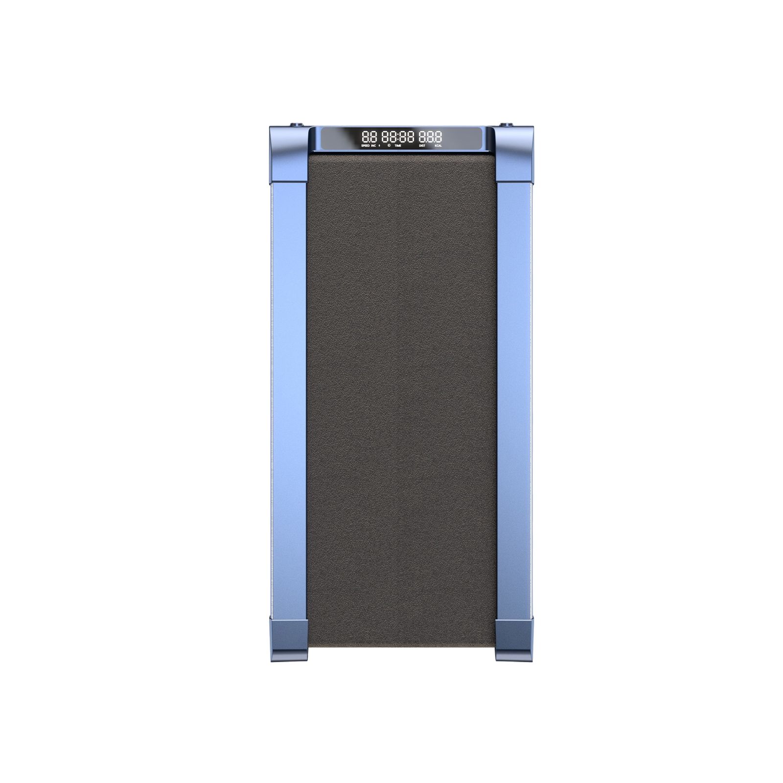 Blaues Laufband mit schwarzer Lauffläche. Digitalanzeige oben. Rechteckige Form.