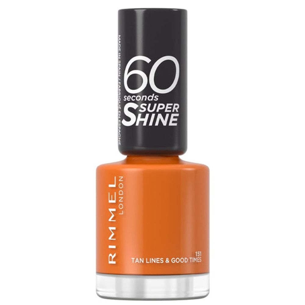 Nagellackflasche, orange. Schwarzer Deckel mit weißem Schriftzug: 60 Sekunden Super Shine. Marke: Rimmel London. Farbton: Tan Lines & Good Times.