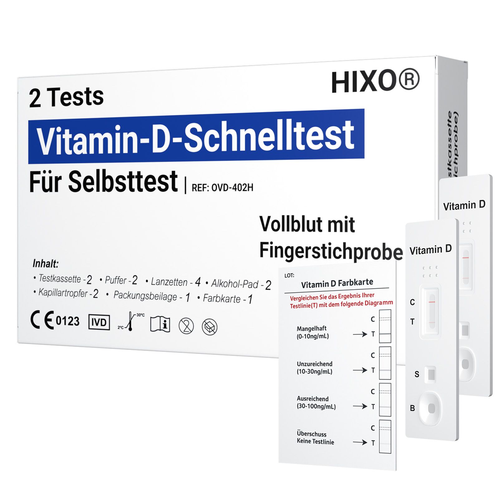 Packung mit zwei Vitamin-D-Schnelltests. Enthält Testkassetten, Puffer, Lanzetten, Alkoholpads und Farbkarten. CE-Kennzeichnung.