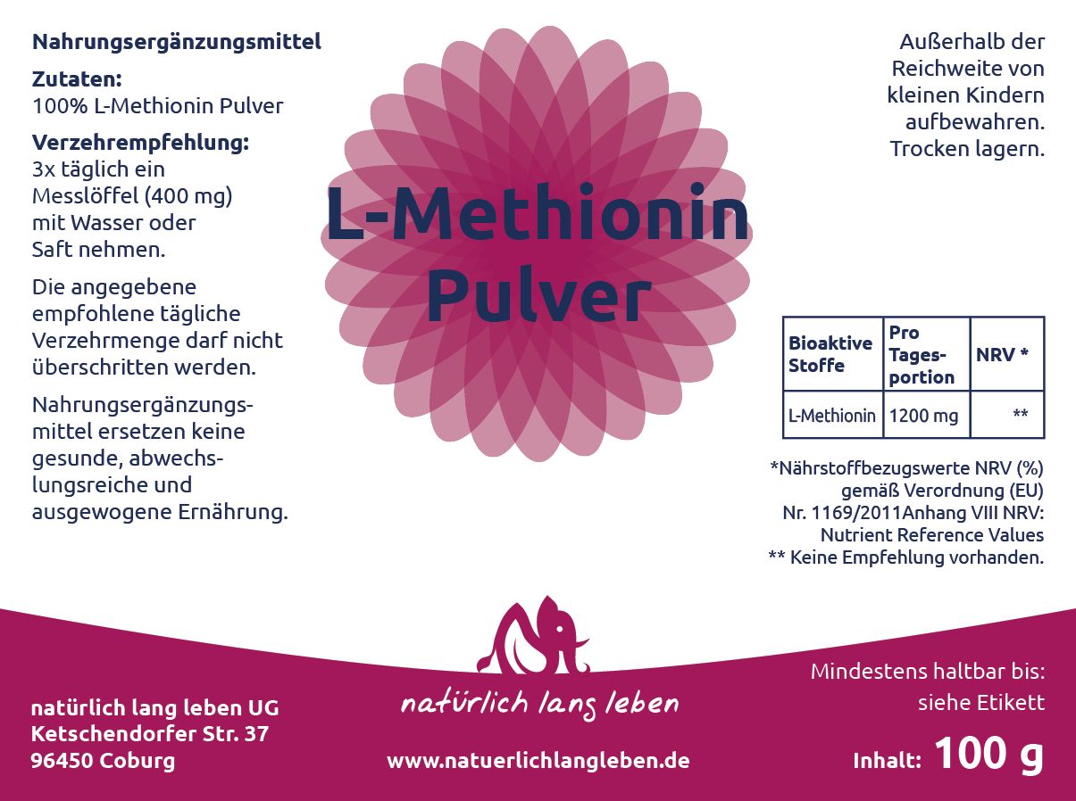 Etikett mit L-Methionin Pulver. Enthält Informationen zu Inhaltsstoffen, Dosierung und Nährwertangaben.