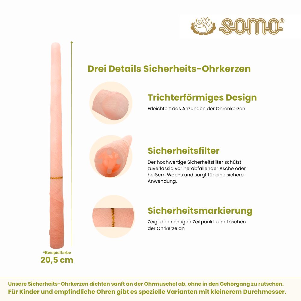 Eine rosa SOMO Sicherheits-Ohrkerze, 20,5 cm lang. Zeigt Trichterform, Sicherheitsfilter und Markierung.