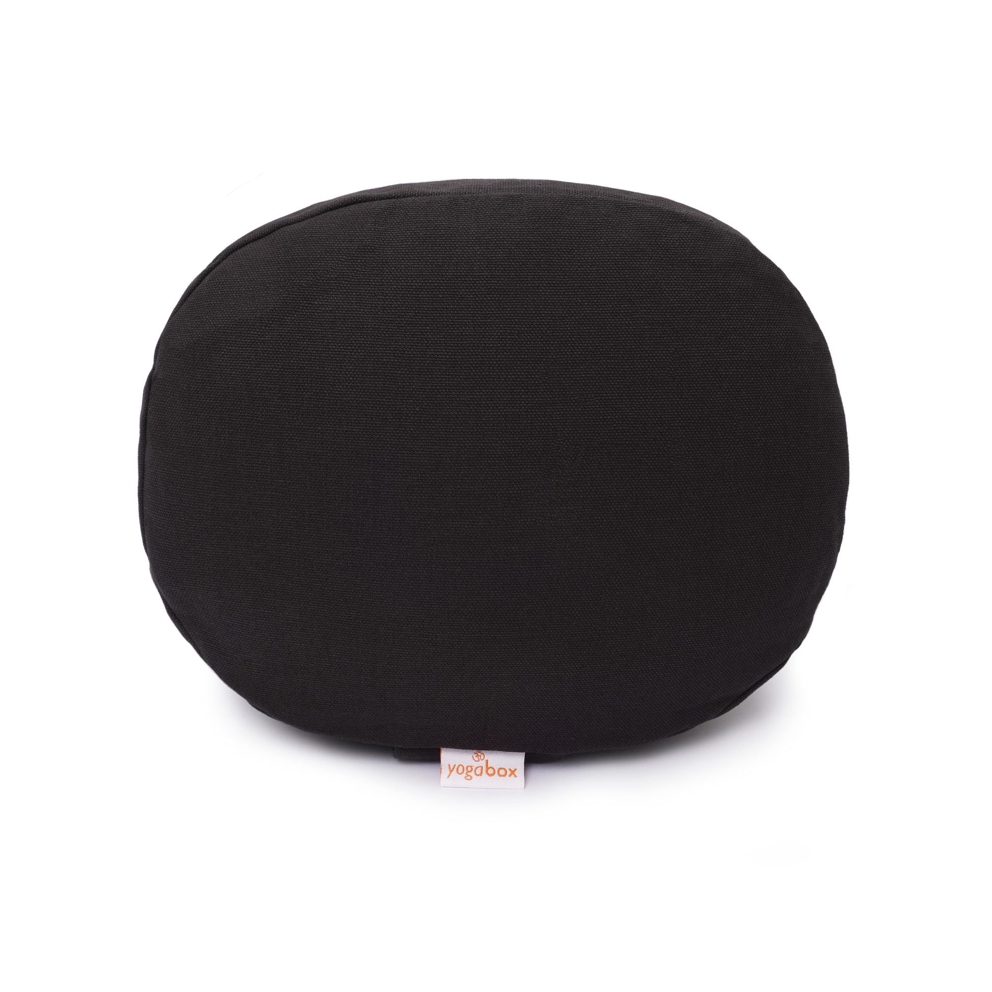 Rückansicht eines schwarzen, runden Meditationskissens mit Yogabox-Label.