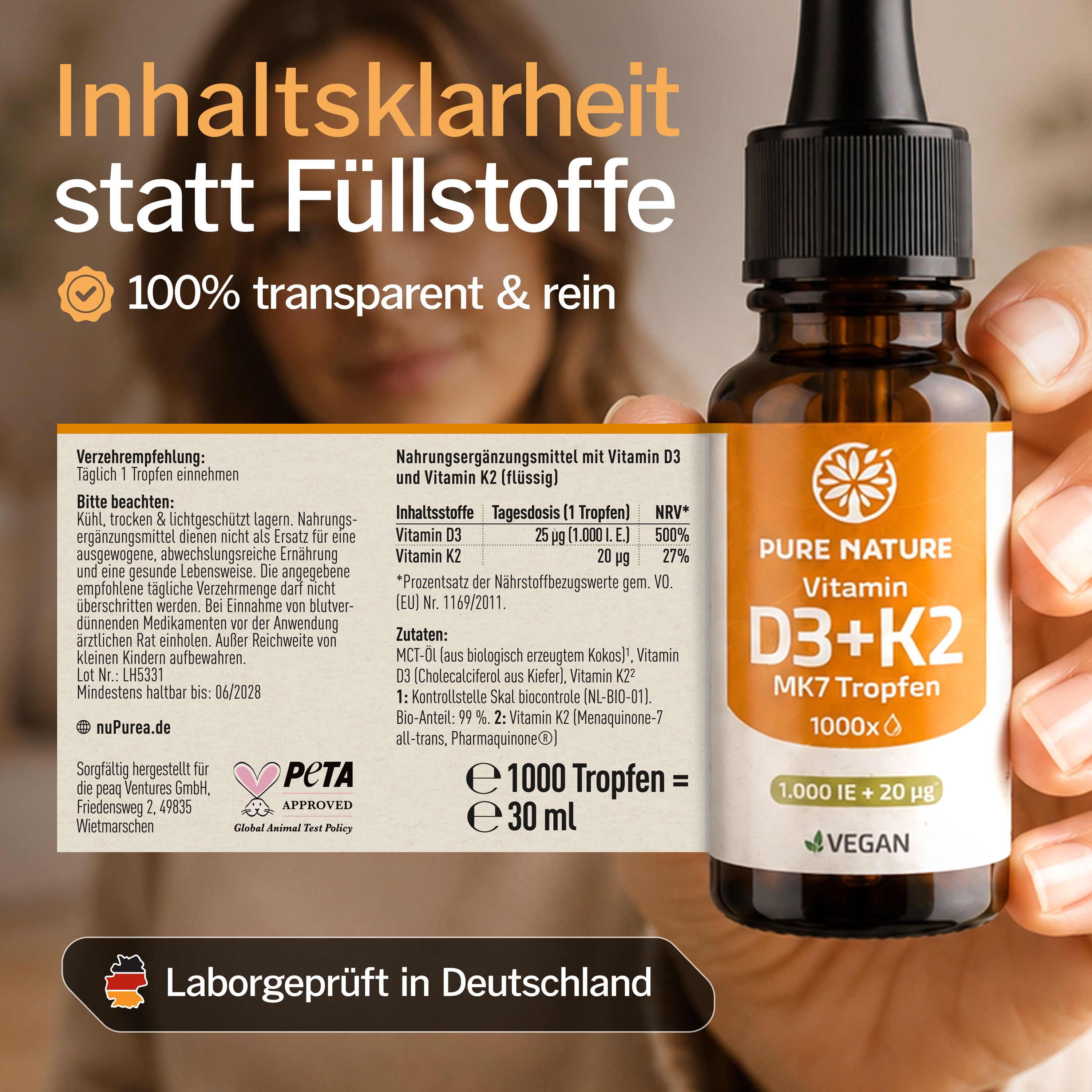 Flasche Pure Nature Vitamin D3+K2 Tropfen, 1000x, vegan. Beipackzettel mit Nährwertangaben. Laborgeprüft.