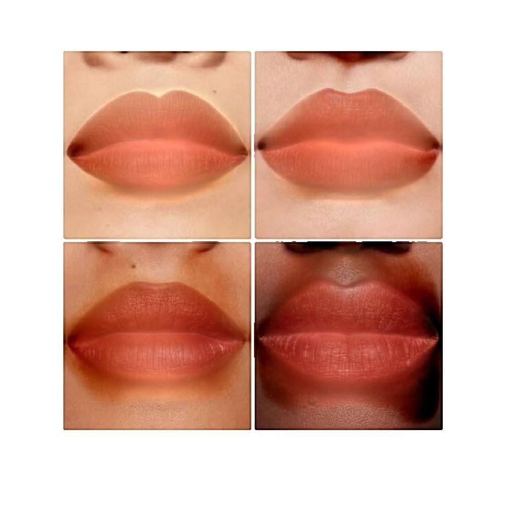 Vier Lippen-Ansichten. Unterschiedliche Hauttöne, Lippen mit Lippenstift. Quadratische Anordnung.