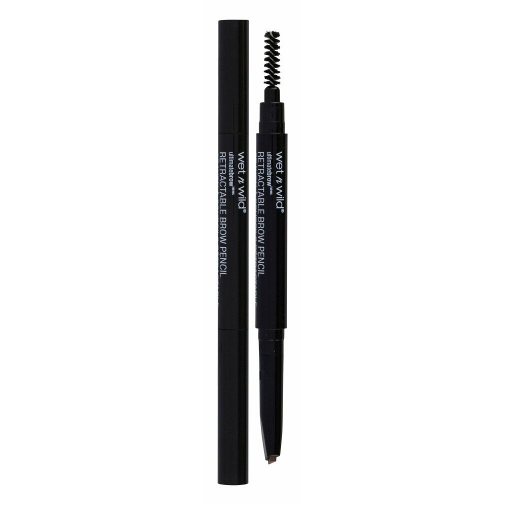 Schwarzer Augenbrauenstift mit Bürste und Kappe. Aufschrift: wet n wild Ultimate Retractable Brow Pencil.