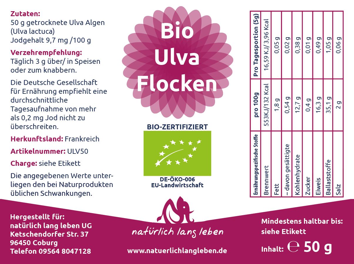 Etikett mit Inhaltsangaben und Nährwerten für BIO Ulva Flocken. Bio-Zertifizierung, EU-Logo. Hersteller: natürlich lang leben.