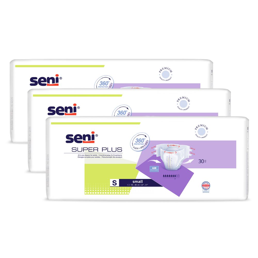 Drei Packungen Super Seni Plus Windeln. Verpackung mit Produktnamen, Größe S und 30 Stück. Seni Logo.