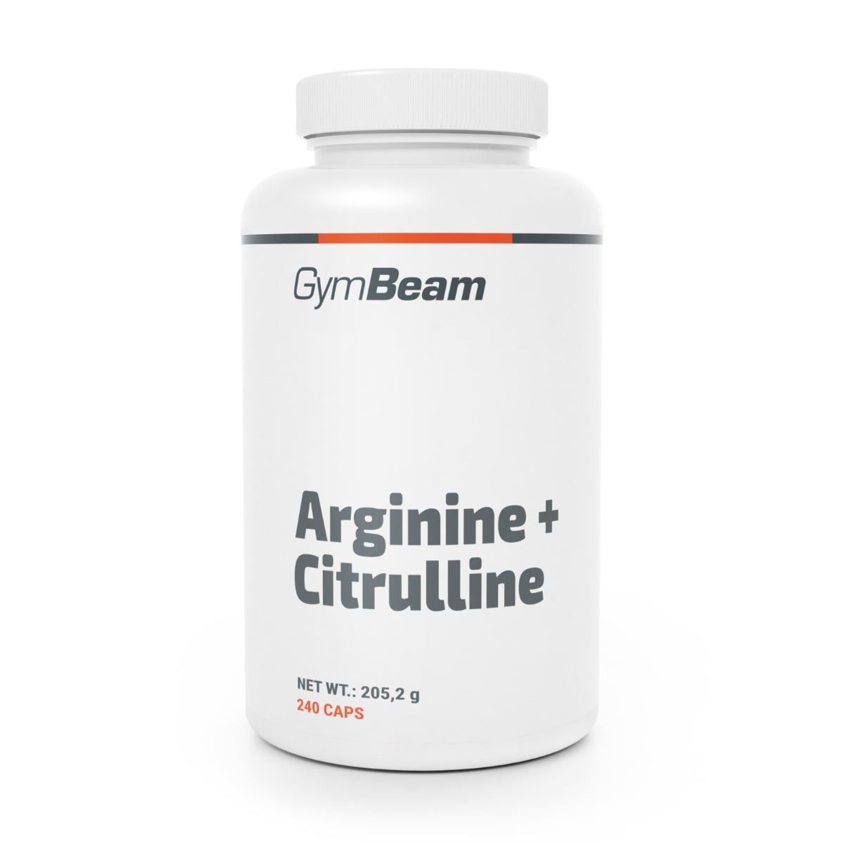 GymBeam Arginin + Citrullin Kapseln: Weiße Dose mit orange-schwarzem Streifen. Enthält 240 Kapseln.