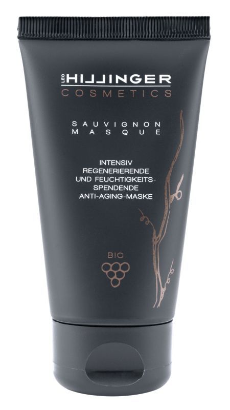 Dunkelgraue Tube mit Aufschrift HILLINGER COSMETICS, Sauvignon Masque. Text: Intensiv regenerierend, feuchtigkeitsspendend, Anti-Aging-Maske. BIO.