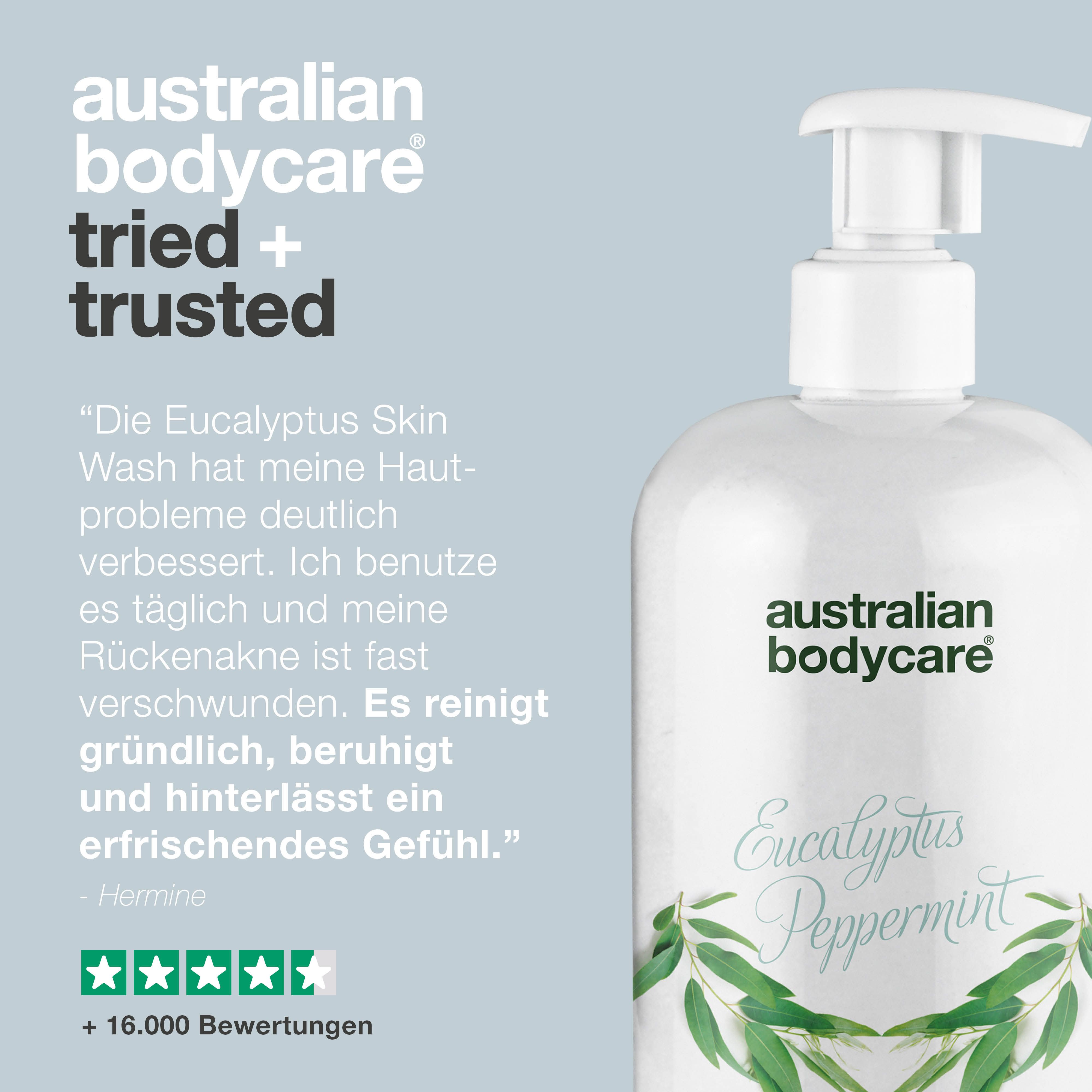 Flasche mit Pumpe. Text: Australian Bodycare, Erfahrungsbericht. 5 Sterne Bewertung. +16.000 Bewertungen.