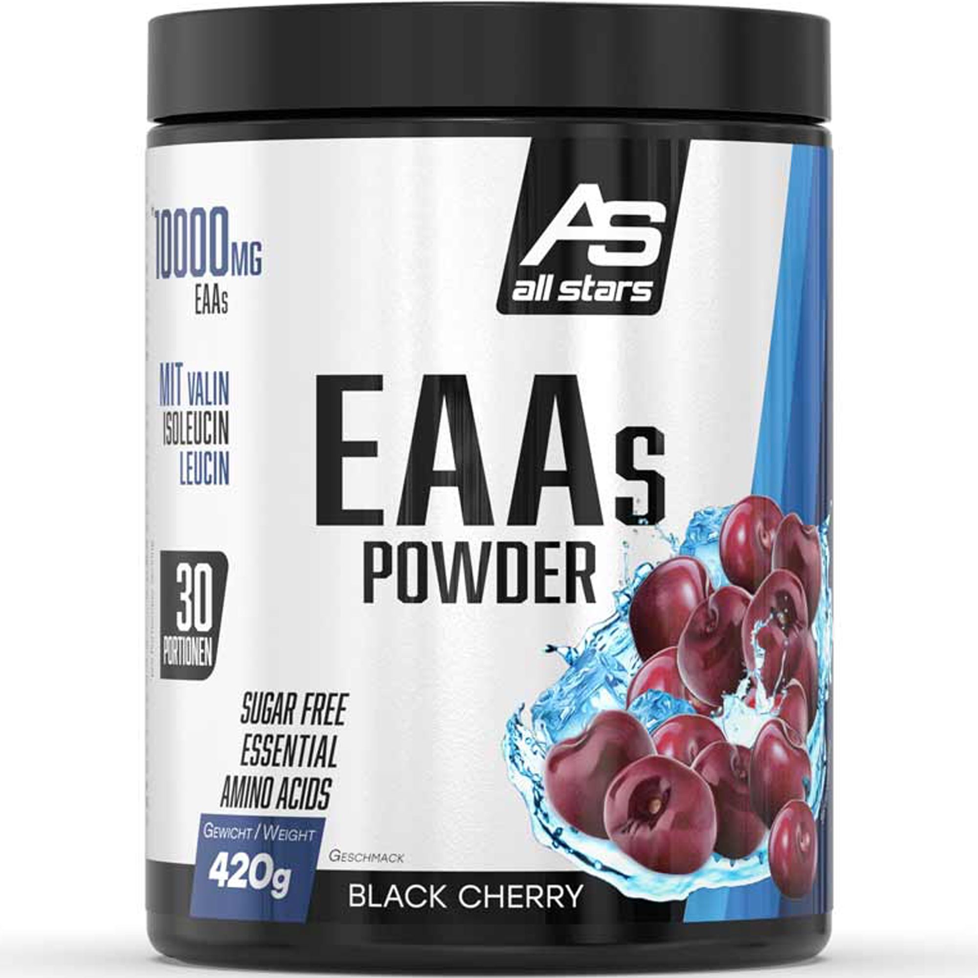 Dose mit EAA-Pulver. Aufschrift: 10000mg EAAs, 30 Portionen, Zuckerfrei, essentielle Aminosäuren. Geschmack: Black Cherry. Marke: All Stars.