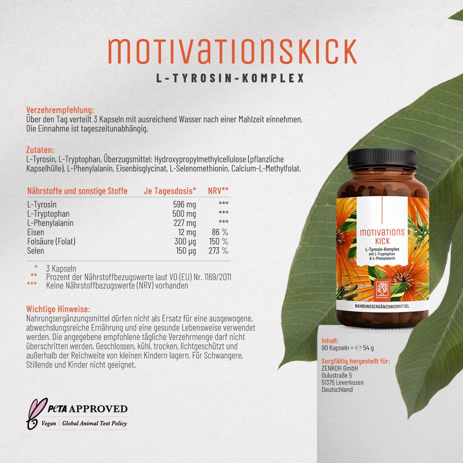 Produktflasche mit Text: Motivationskick. Inhaltsangaben und Verzehrempfehlung. PETA-Logo.