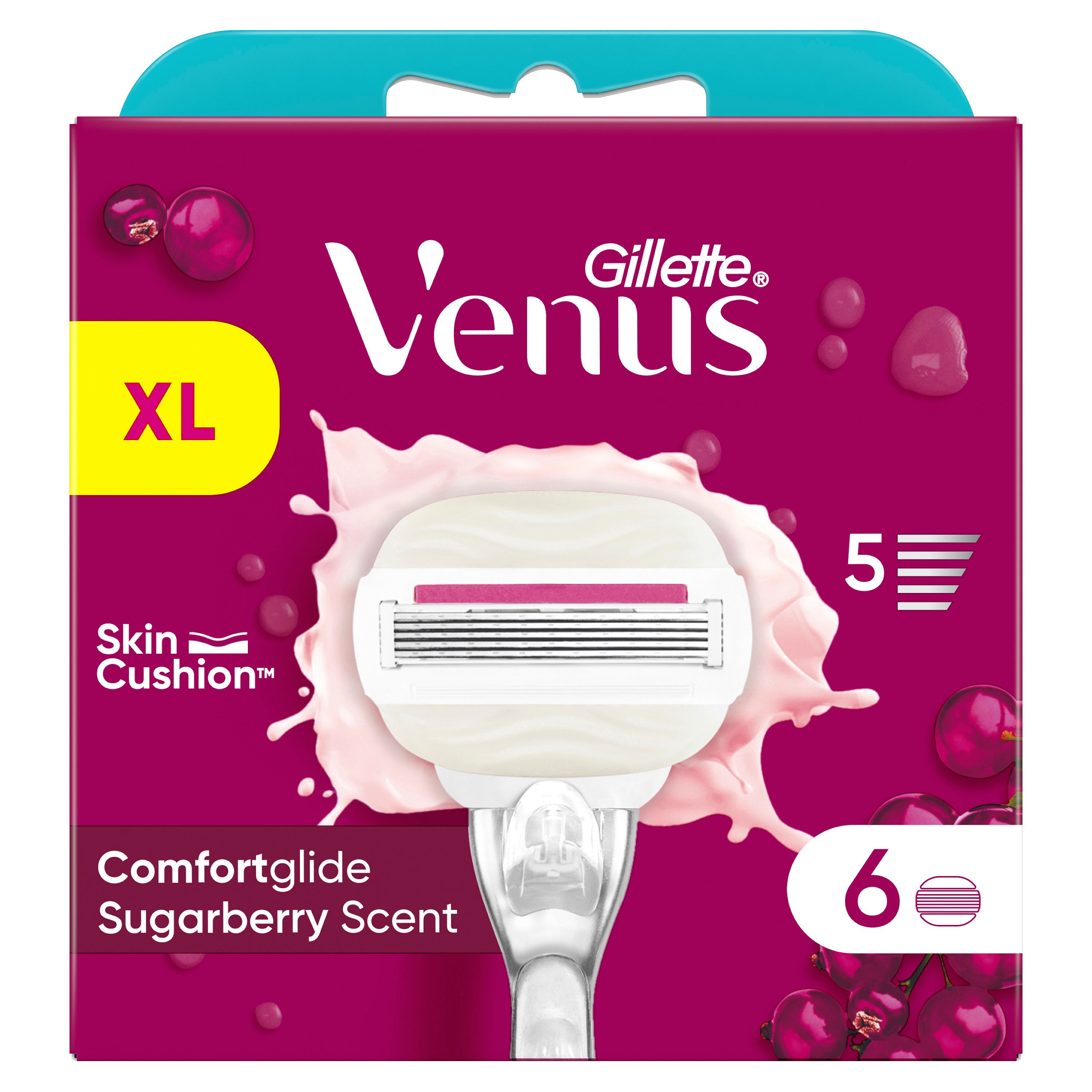 Verpackung mit Rasierklingen. Enthält 6 Klingen. Produktname: Comfortglide Sugarberry. Marke: Gillette Venus.