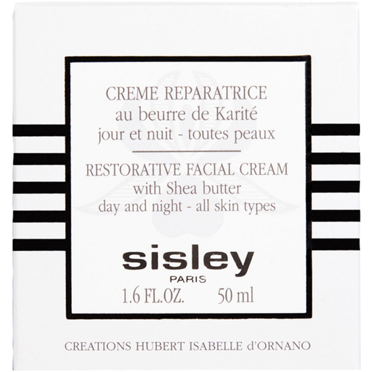 Verpackung von Creme Reparatrice. Quadratische Schachtel mit Text: Creme Reparatrice, Restorative Facial Cream, Sisley. 50 ml, 1.6 FL.OZ.