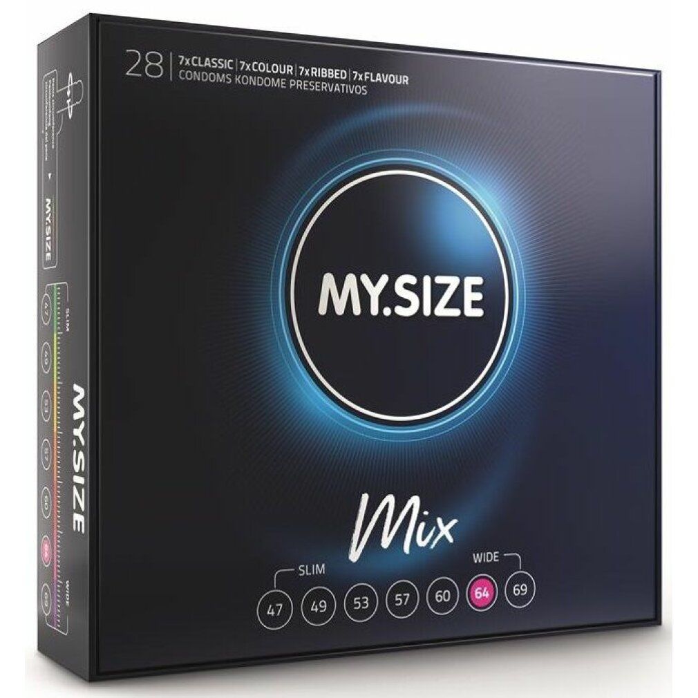 MY.SIZE Mix Kondome 64mm. Verpackung neben einem Paar und einzelnen Kondompackungen. Mit Größenangabe.