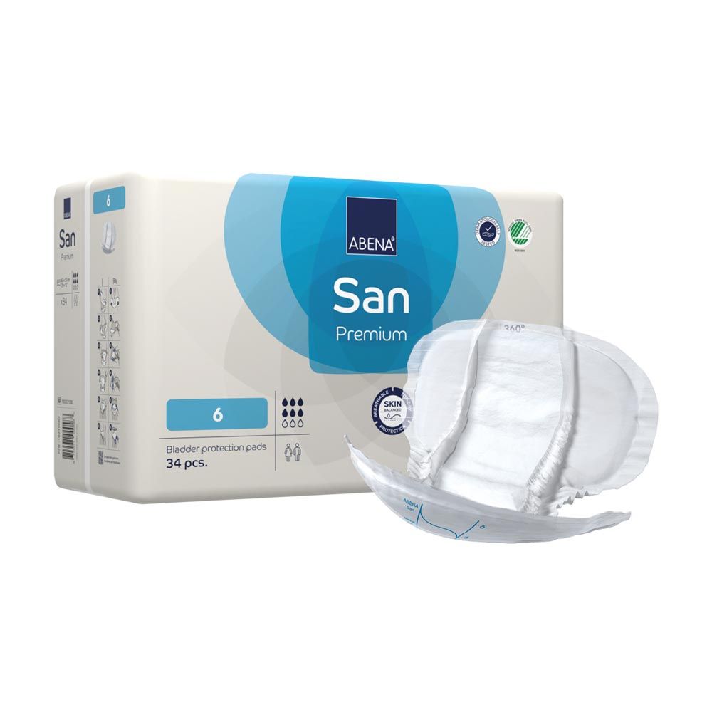 Verpackung von ABENA San Premium Vorlagen und eine einzelne Vorlage. Produktname, Logo und Qualitätszeichen sind sichtbar.