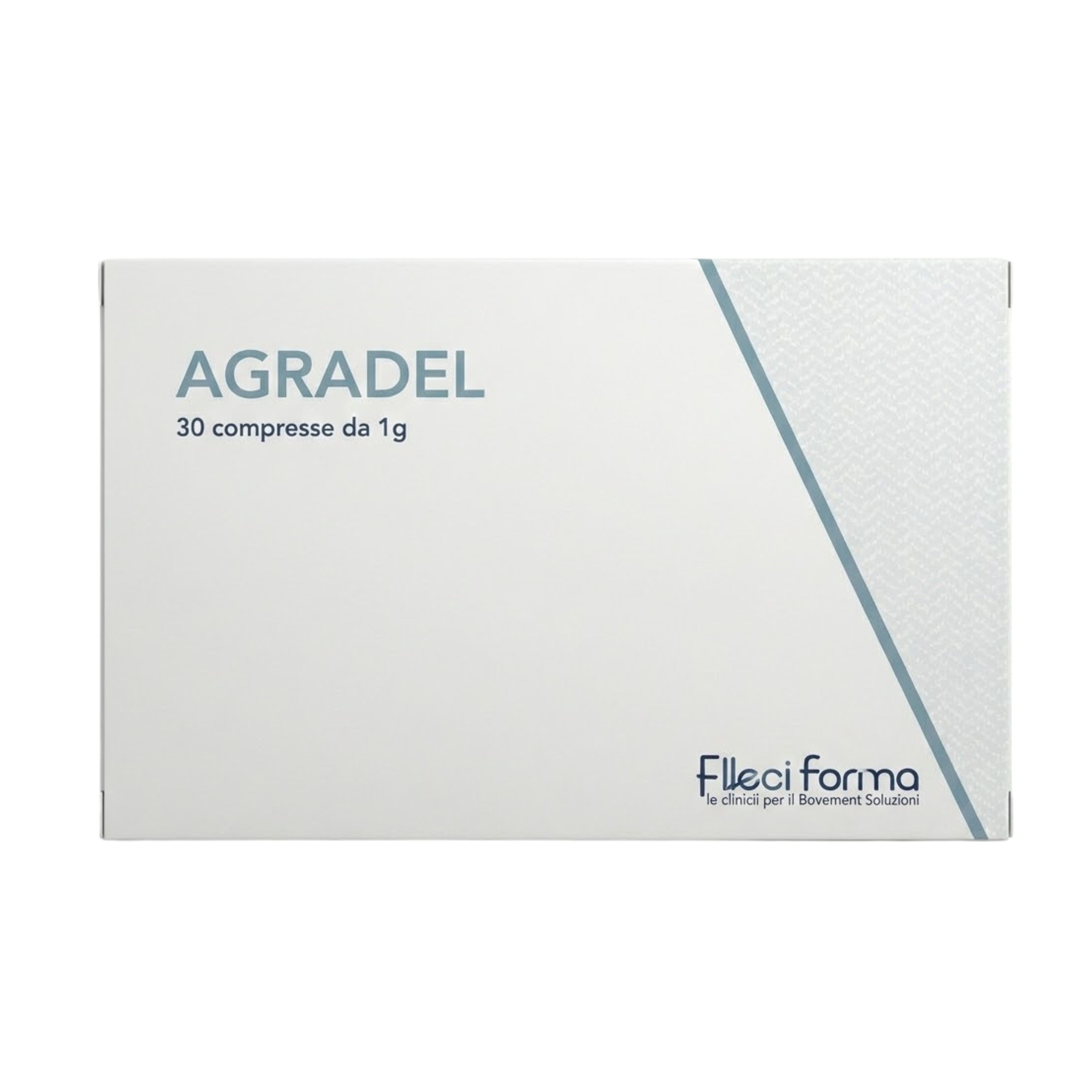 Weiße Schachtel mit blauer Linie. Text: Agradel, 30 compresse da 1g. Logo Elleci Farma.