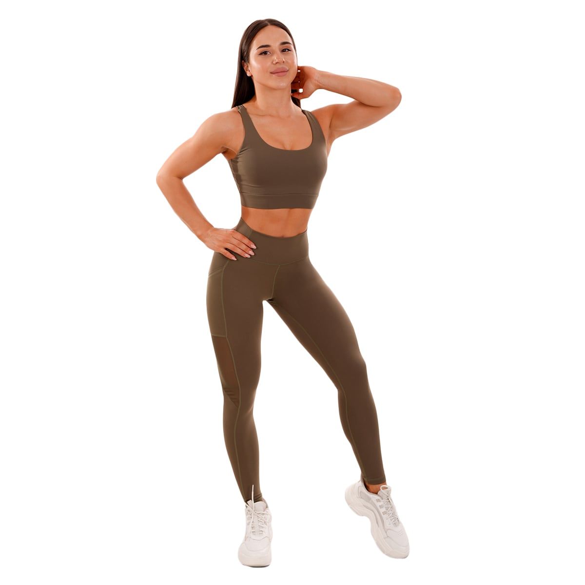 GymBeam Leggings Damen hohe Taille Mesh-Panel Taschen Olive