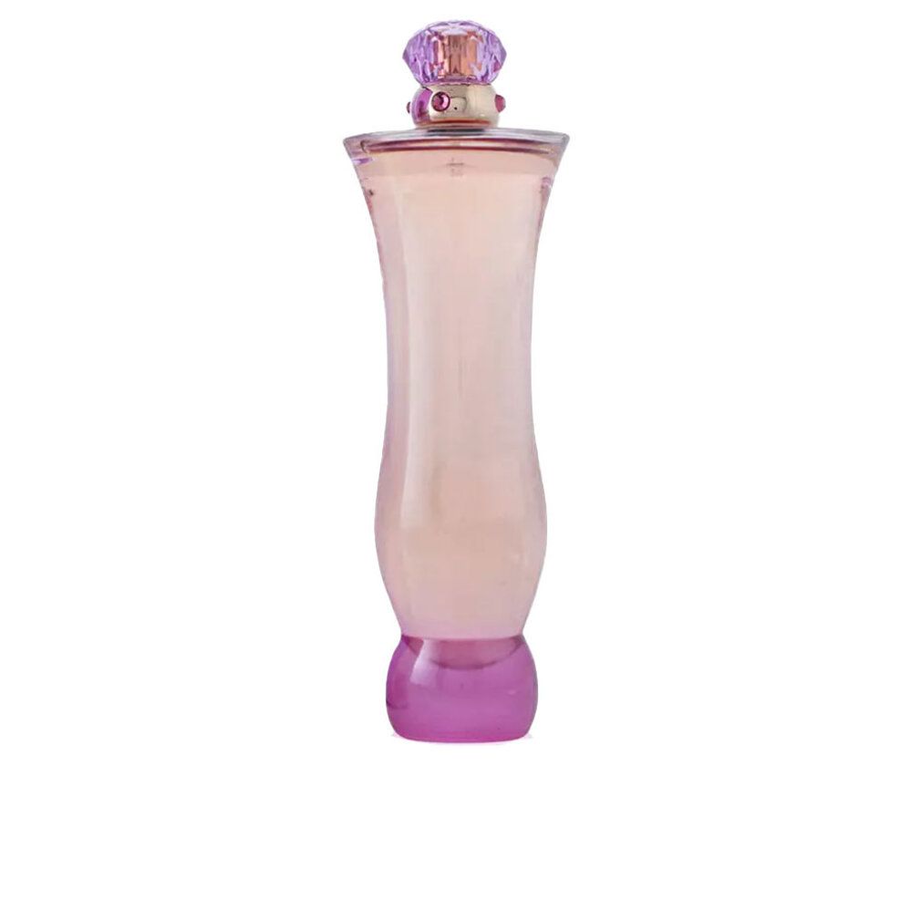 Versace Woman Eau de Parfum Spray. Rosa Flakon mit lila Basis und Verschluss. Transparenter Flakon mit rosa Flüssigkeit.