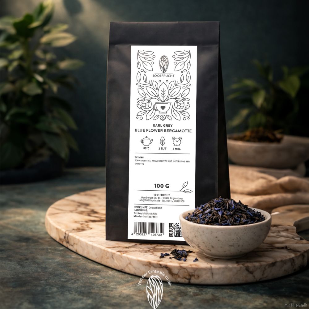Eine Packung Earl Grey Blue Flower Bergamotte Tee steht neben einer Schale mit losem Tee.