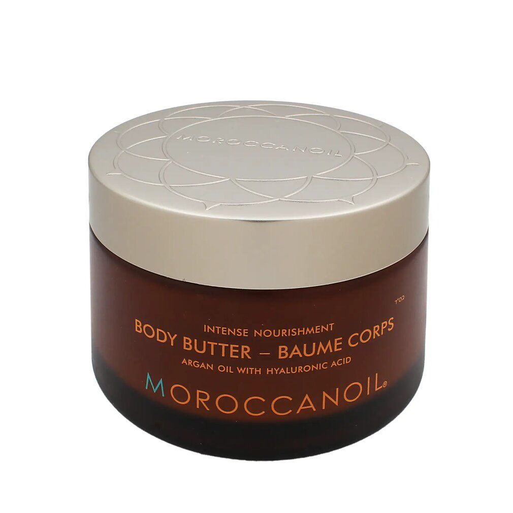 Braune Tiegel mit goldfarbenem Deckel. Aufschrift: Body Butter, Arganöl mit Hyaluronsäure. Marke: MOROCCANOIL.