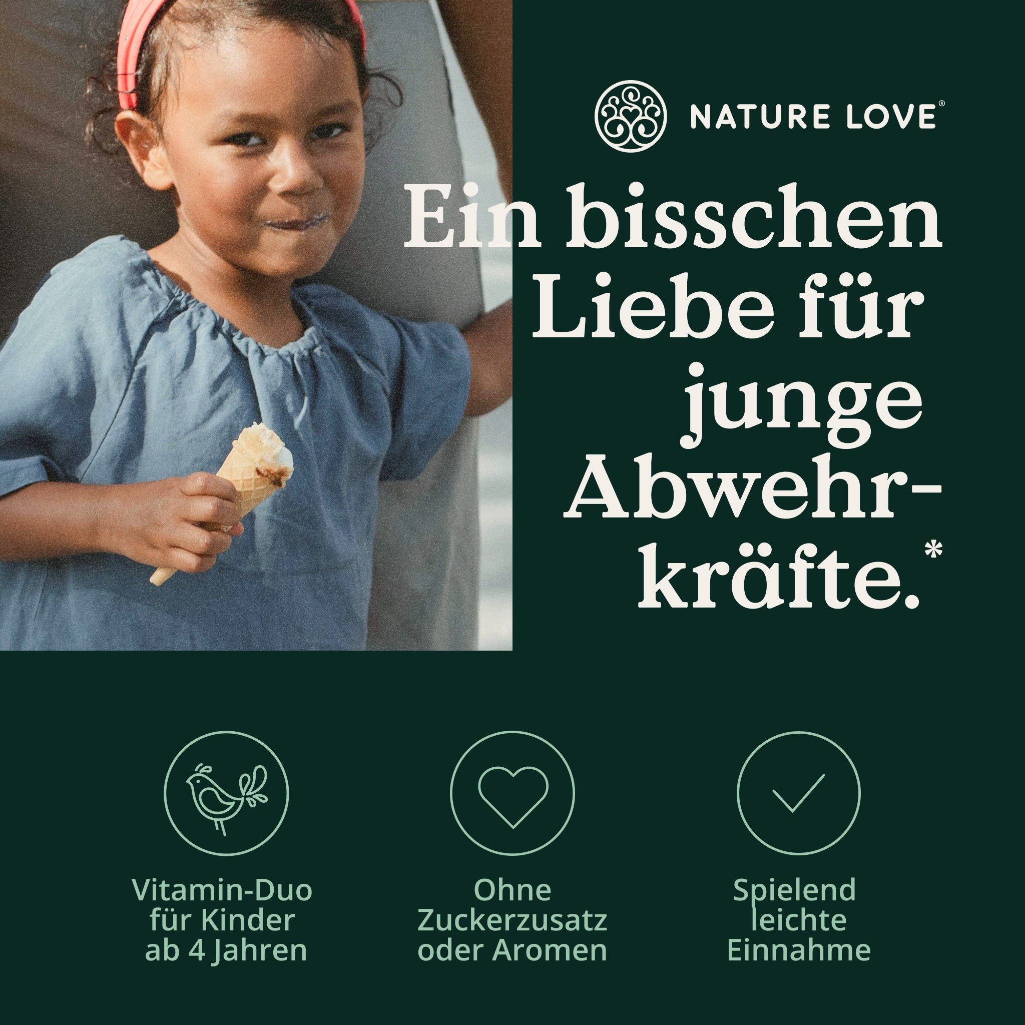 Kind mit Eis. Text: Vitamin-Duo ab 4 Jahren, ohne Zuckerzusatz, spielend leichte Einnahme. NATURE LOVE® Logo.