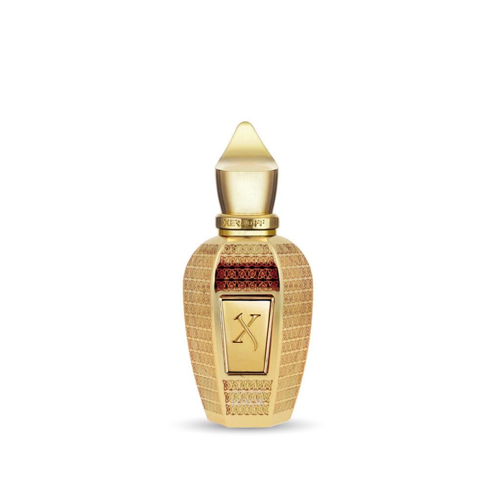 Goldfarbener Flakon mit goldener Kappe. X-Logo auf der Vorderseite. Geätztes Muster auf dem Flakon.