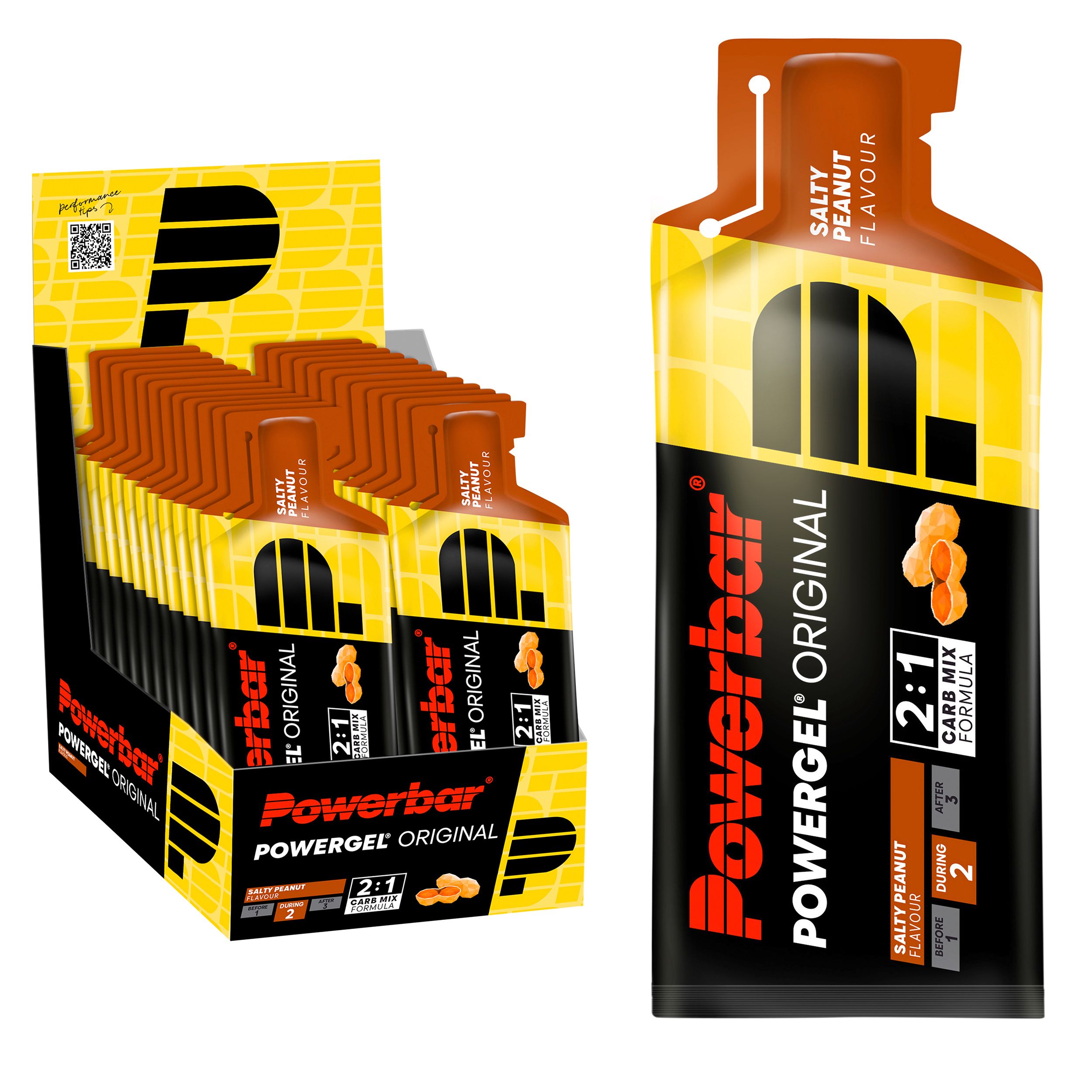 PowerBar PowerGel Original in einer Box und einzeln. Gelb, braun und schwarz. "Salty Peanut"-Geschmack. 2:1 Carb Mix Formula.