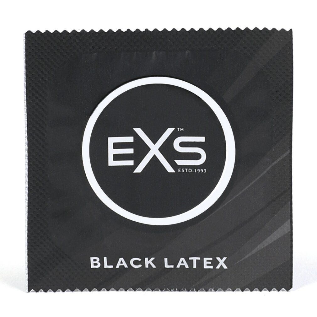 Einzelverpackung eines schwarzen EXS Kondoms.