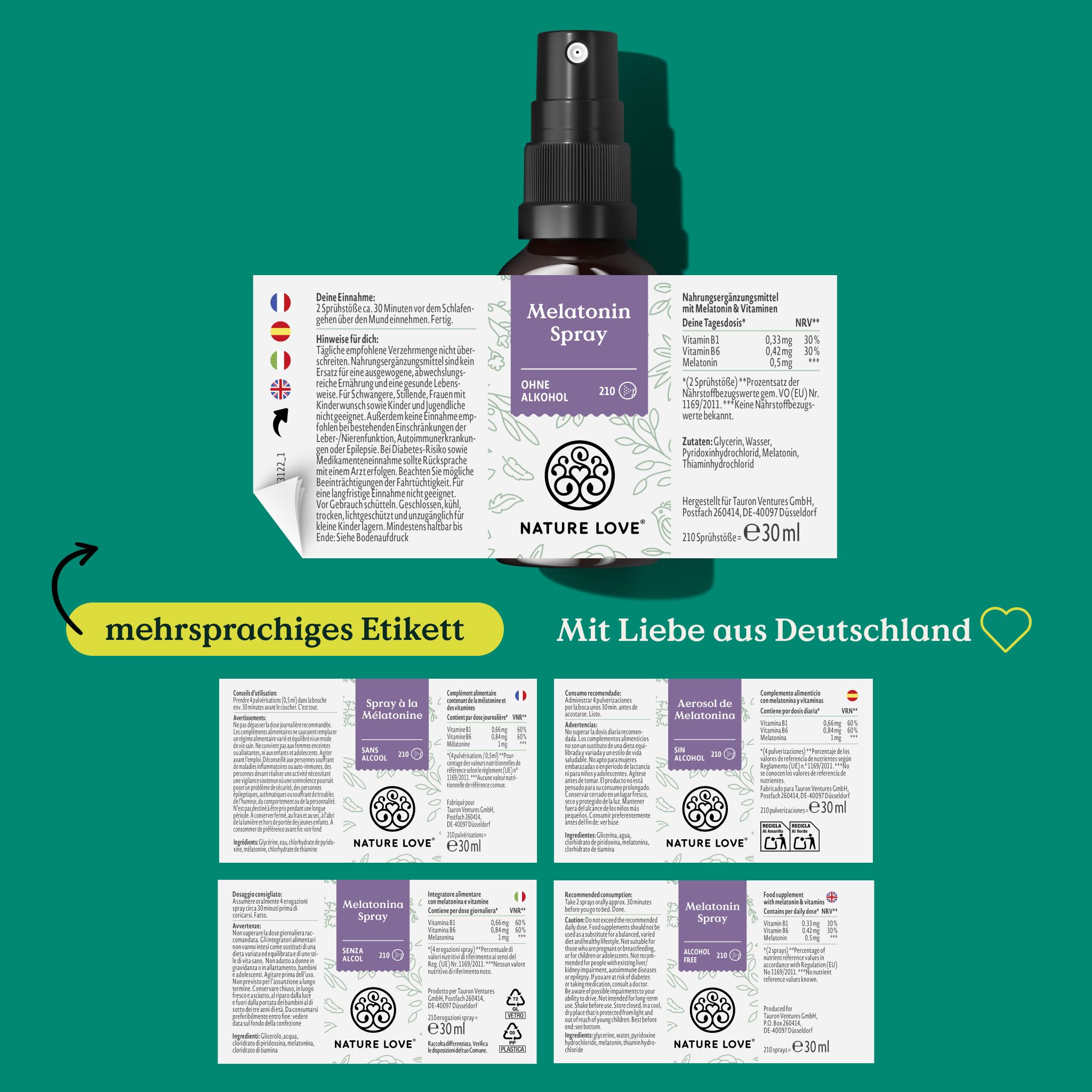 NATURE LOVE® Melatoninspray – geschmacksneutral – ohne Alkohol – 0,5mg Melatonin – Vit B1 & 6 – 30ml