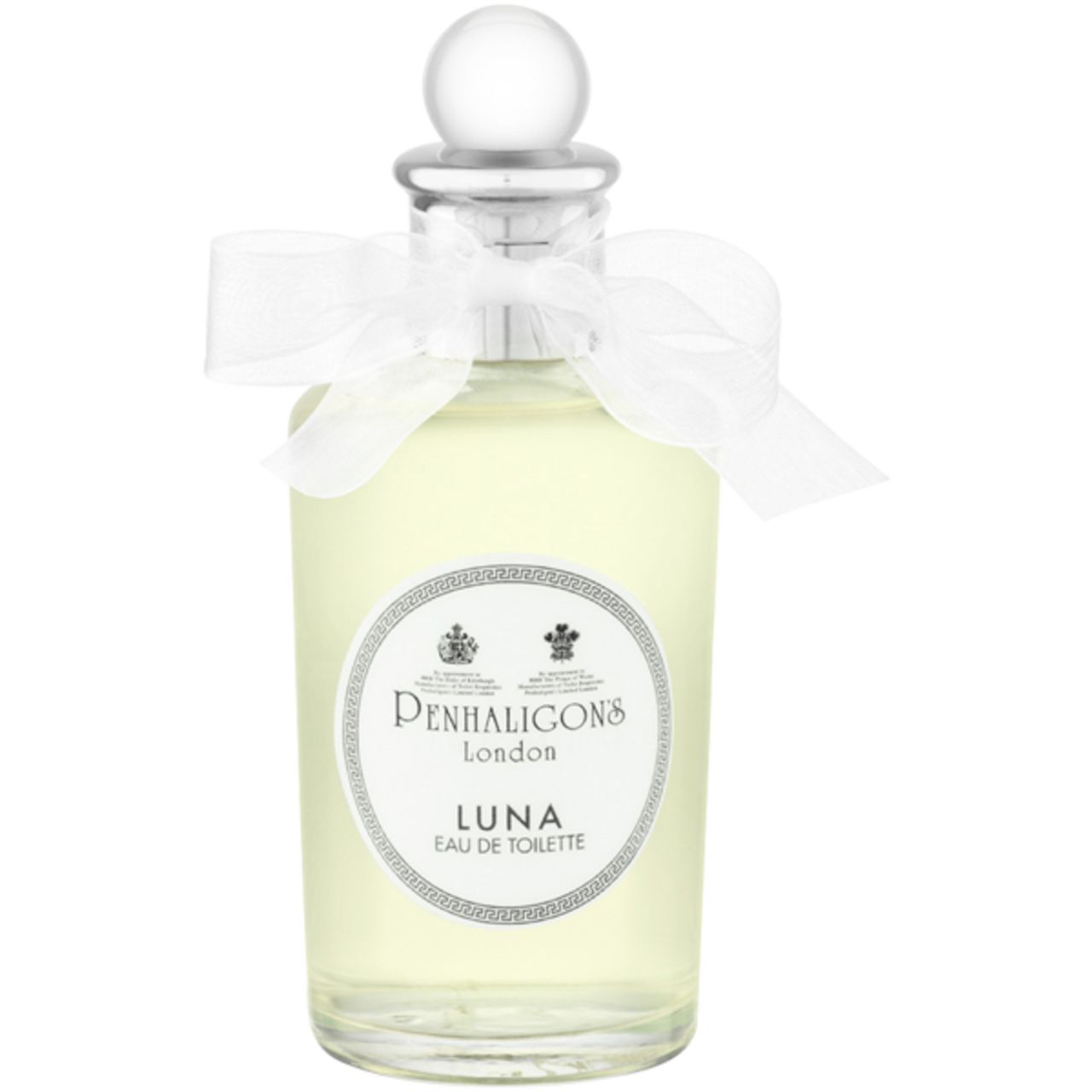 Penhaligon's Luna Eau de Toilette. Glasflakon mit weißem Band und Kappe. Text: Luna, Eau de Toilette.