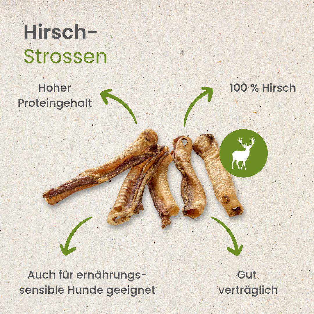 Getrocknete Hirsch-Strossen, 100% Hirsch, hoher Proteingehalt.