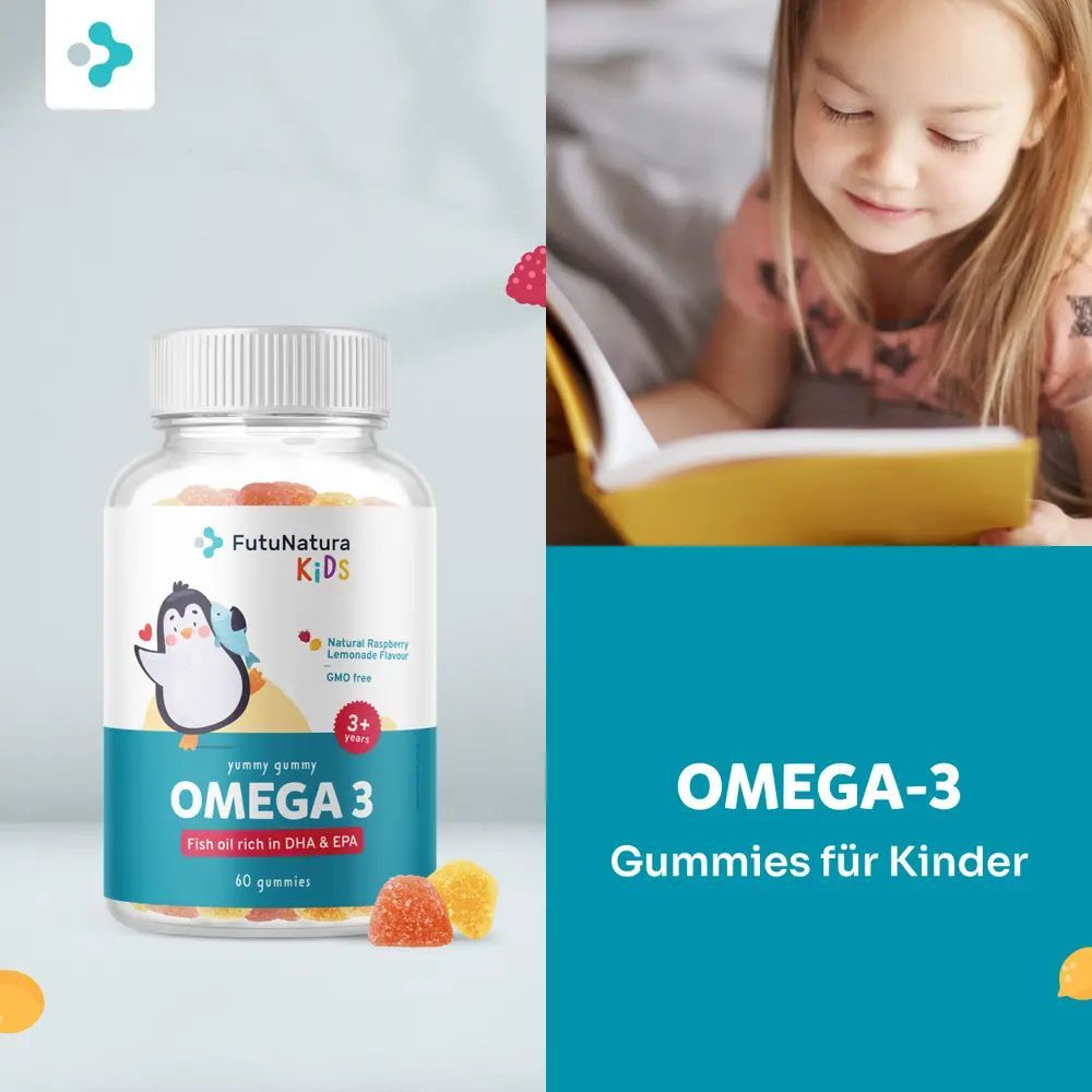 Mädchen liest Buch. Rechts: Flasche FutuNatura Kids Omega-3 Gummies. Text: Omega-3 Gummies für Kinder, 60 Gummies.