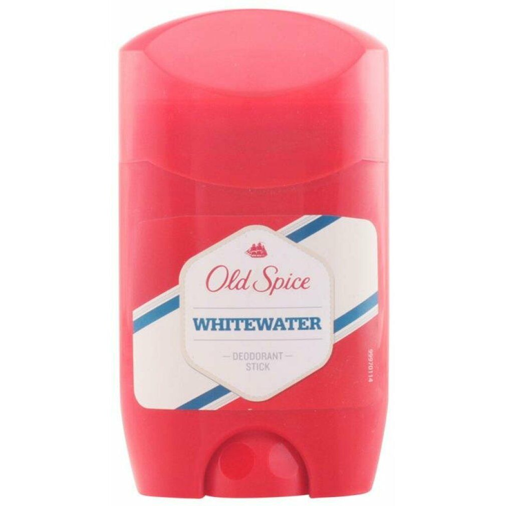 Roter Deostift mit weißem Etikett. Aufschrift: Old Spice Whitewater. Mit blau-weißen Streifen.