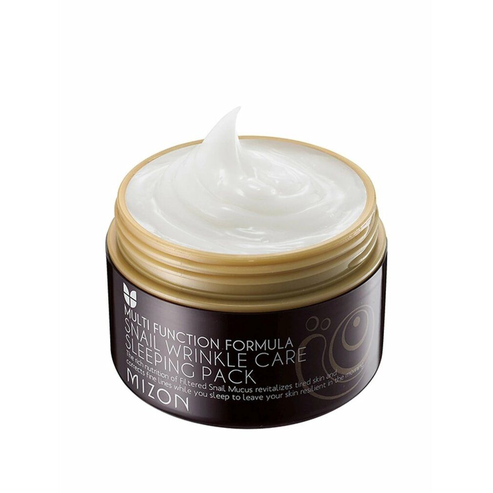 Geöffnete Dose mit weißer Creme. Aufschrift: Multi Function Formula, Snail Wrinkle Care Sleeping Pack, Mizon.