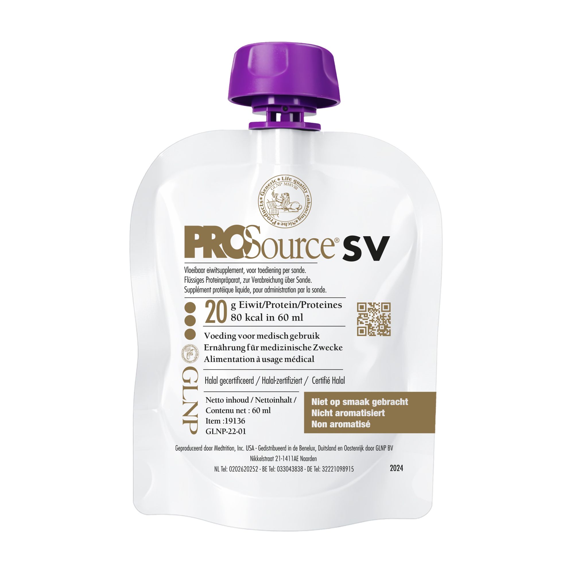 Beutel mit lila Verschluss. Aufschrift: PROSource SV, 20 g Eiweiß/Proteine, 80 kcal. Text in mehreren Sprachen.
