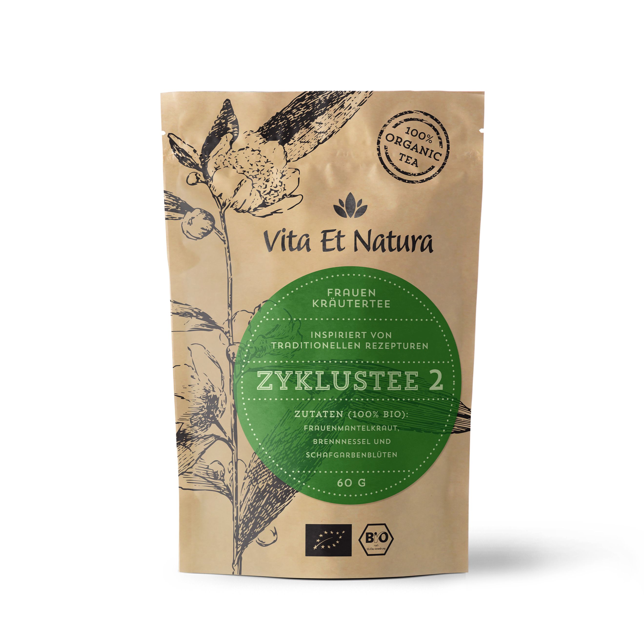 Beutel mit Kräutertee. Aufschrift: Zyklustee 2, 100% biologisch, Vita Et Natura. Mit Bio-Siegel.