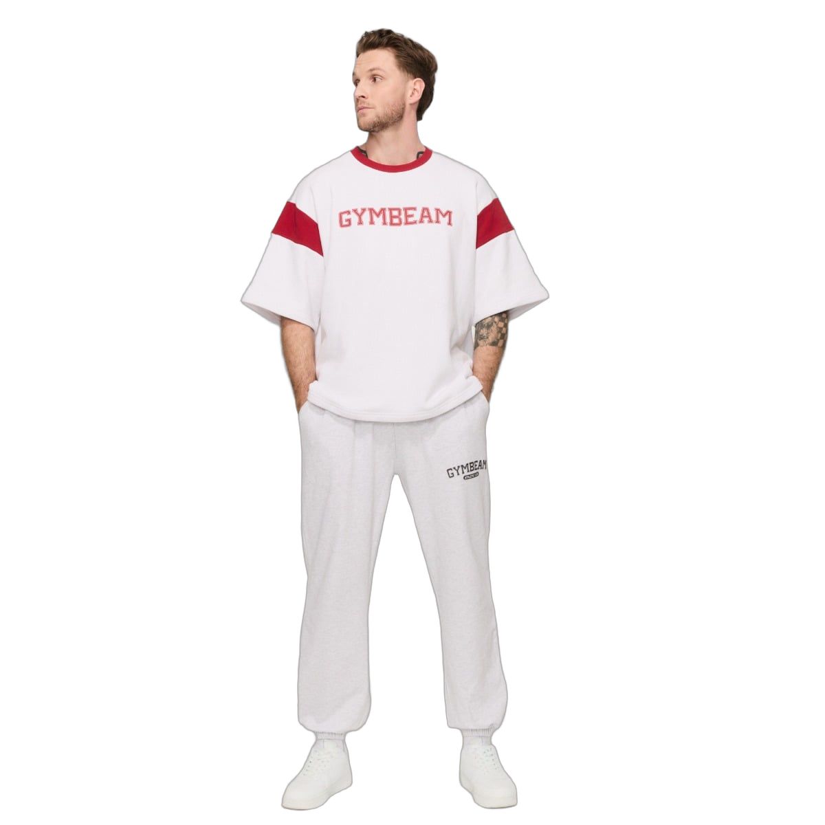 GymBeam T-Shirt Herren Oversized Kurzarm Varsity Weiß