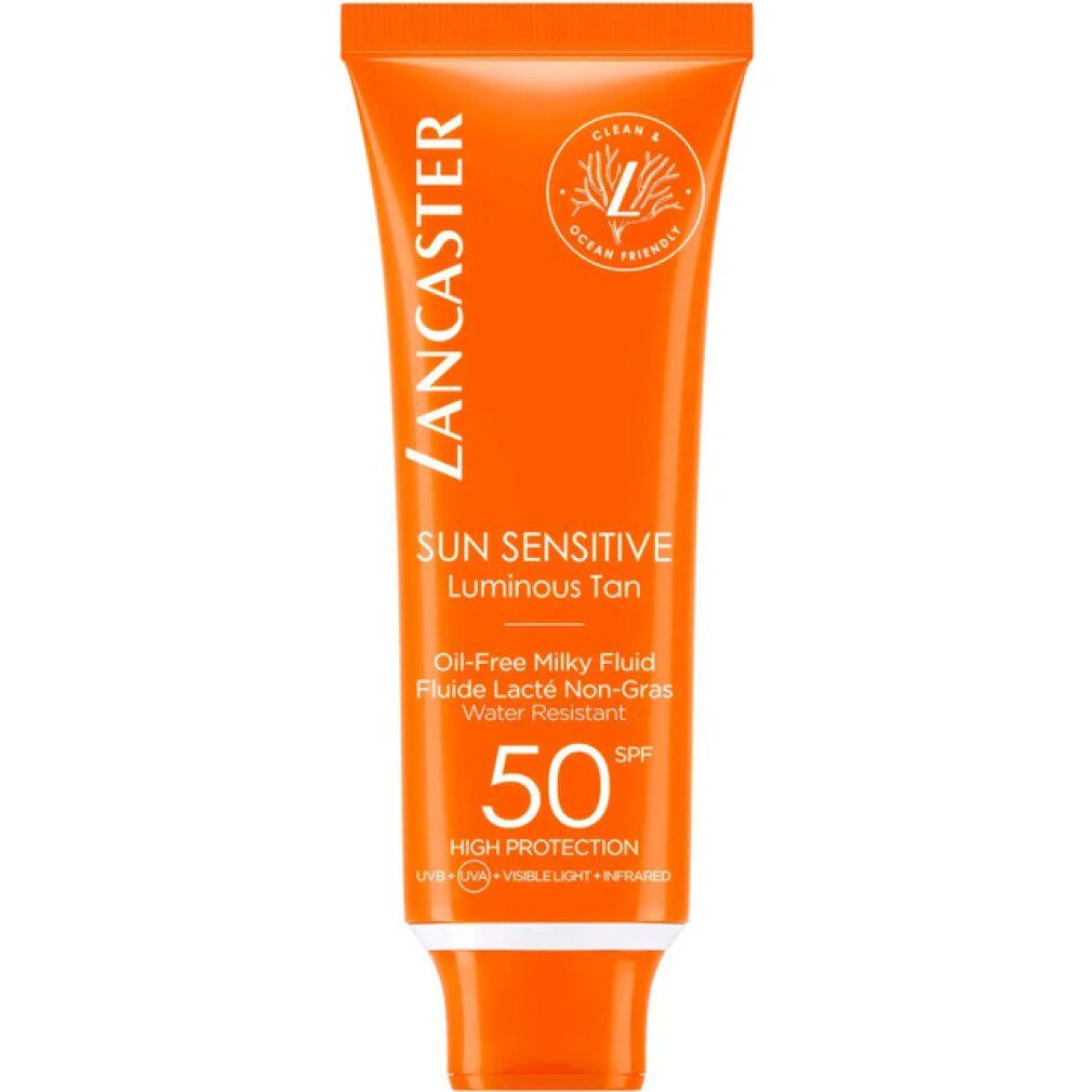 Orange Tube mit Sonnencreme. Text: Lancaster, Sun Sensitive, Luminous Tan, SPF 50, High Protection.