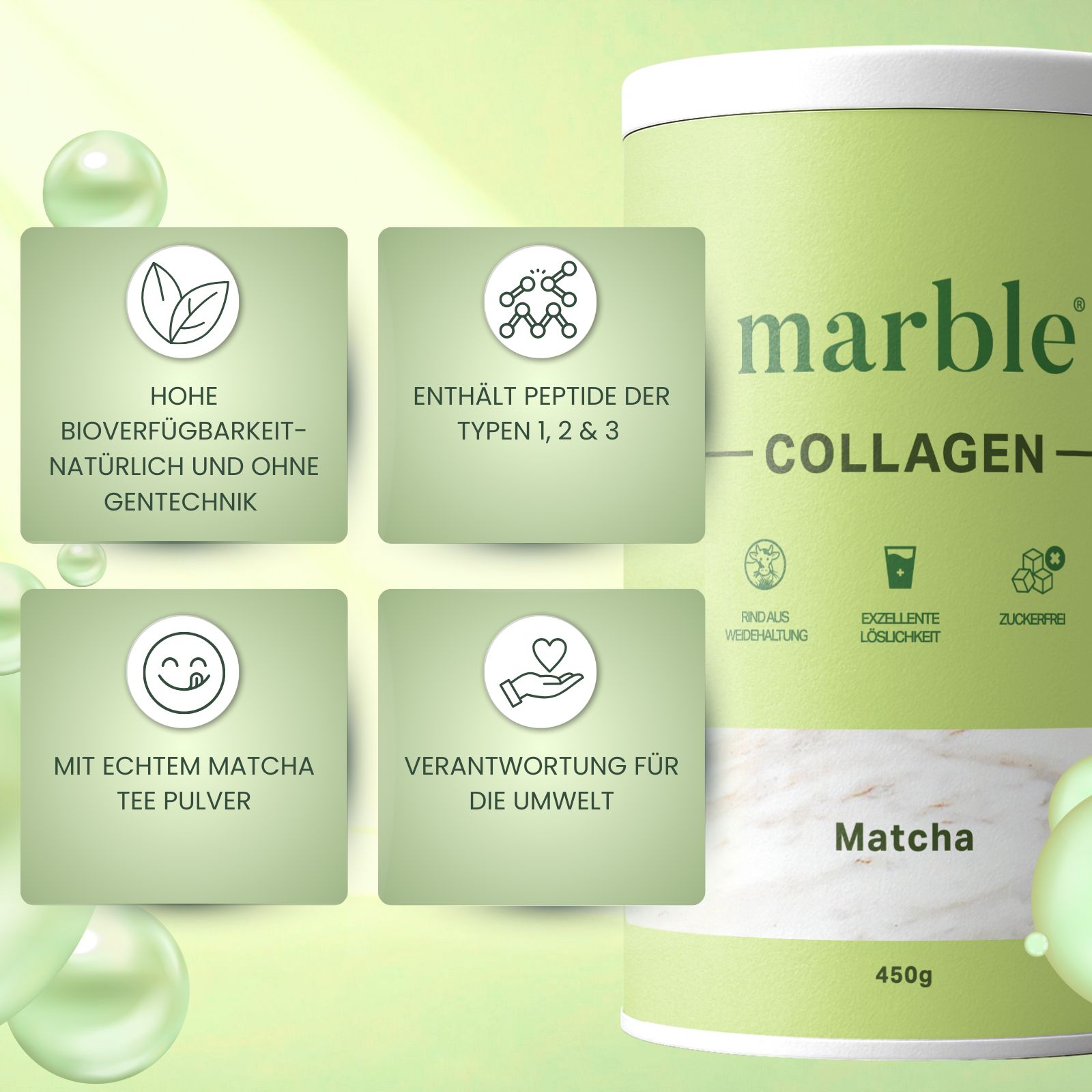 Grüne Dose „marble“-Collagen mit Matcha. Logos: Hohe Bioverfügbarkeit, enthält Peptide, mit echtem Matcha, Verantwortung für die Umwelt. 450g.