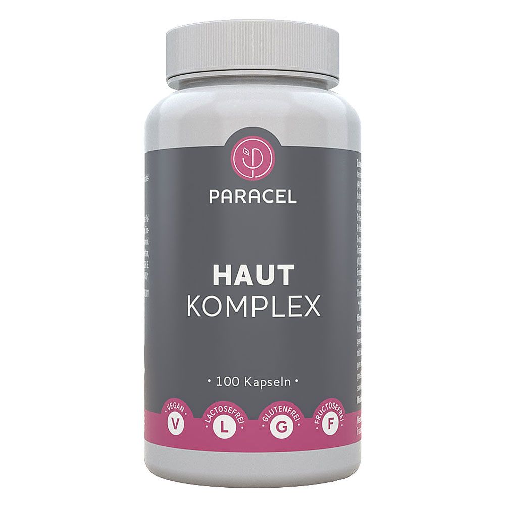 Eine weiße Flasche mit grauem Etikett. Darauf steht "PARACEL HAUT KOMPLEX" und "100 Kapseln". Vegan, laktosefrei, glutenfrei, fructosefrei.
