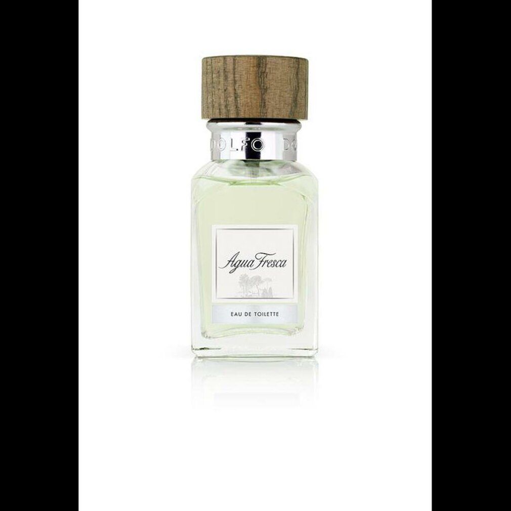 Quadratische Glasflasche mit Holzdeckel. Aufschrift "Agua Fresca" und "Eau de Toilette".