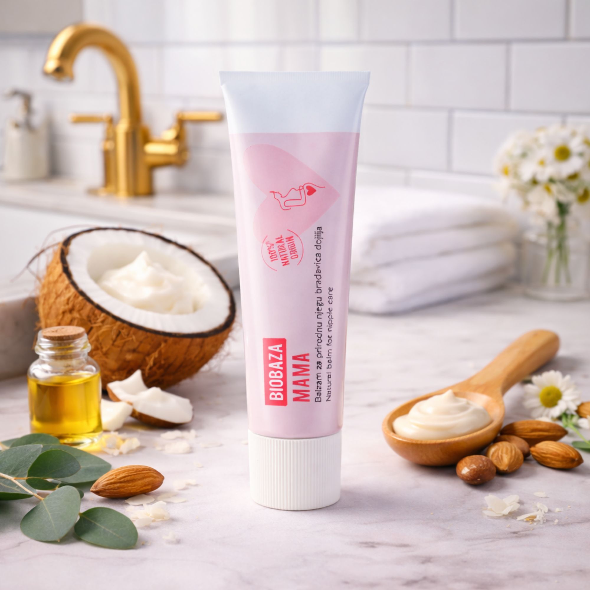 Rosa Tube mit weißem Deckel. Aufgedruckt: Biobaza Mama, Balsam für Brustwarzen. Kokosnuss, Öl, Mandel und Creme.