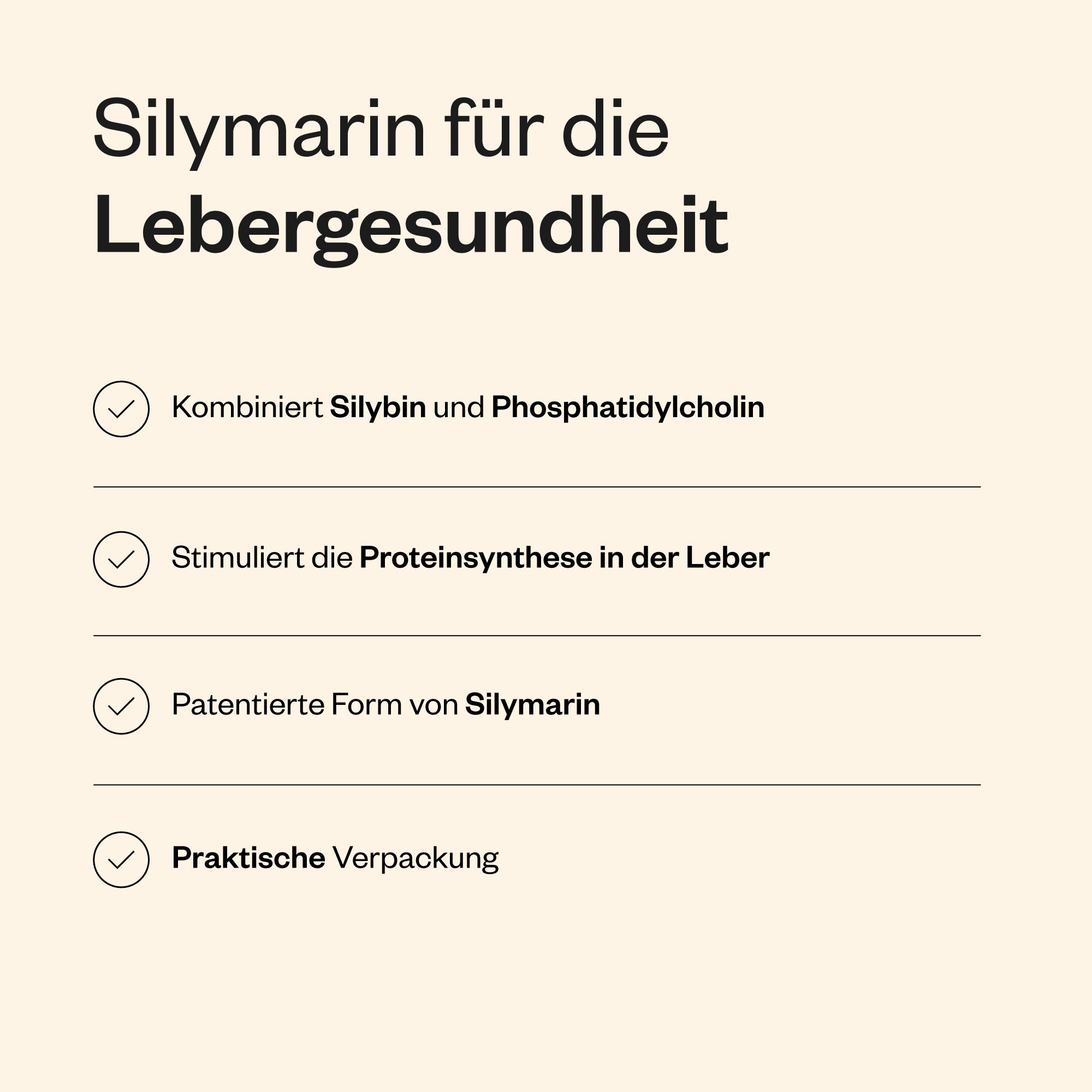 Text mit Überschrift: Silymarin für die Lebergesundheit. Aufzählungspunkte: Kombiniert Silybin und Phosphatidylcholin, Praktische Verpackung.