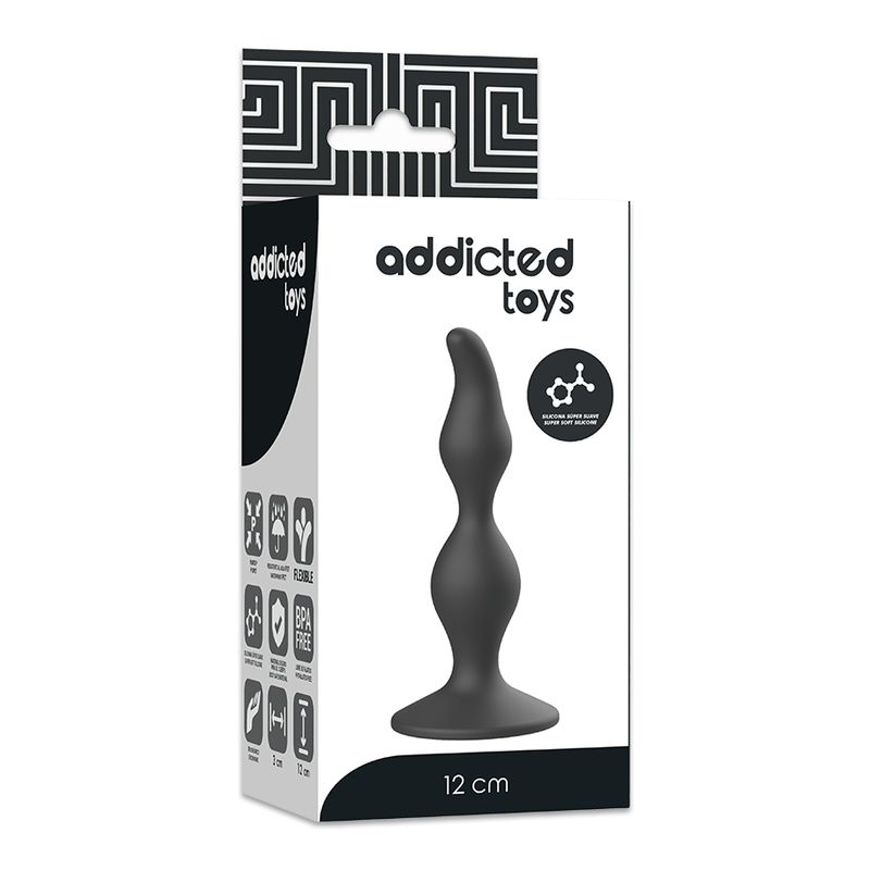 Verpackung mit Analplug. Marke 'Addicted Toys'. Produkt in Form eines schwarzen, geschwungenen Analplugs. 12 cm.