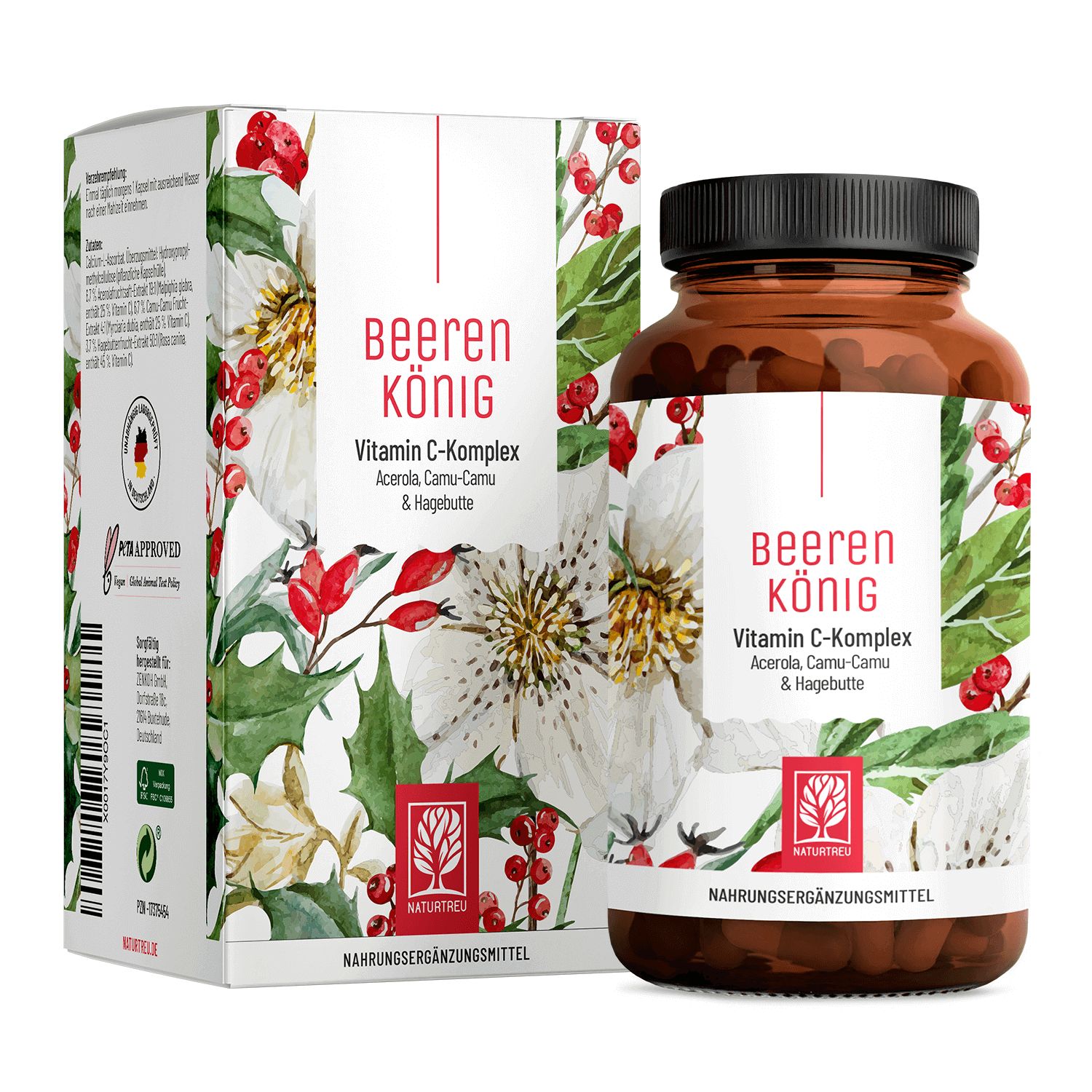 Vitamin C Komplex mit Camu Camu, Acerola, Hagebutte - hochdosiert & vegan - Beerenkönig - NATURTREU®